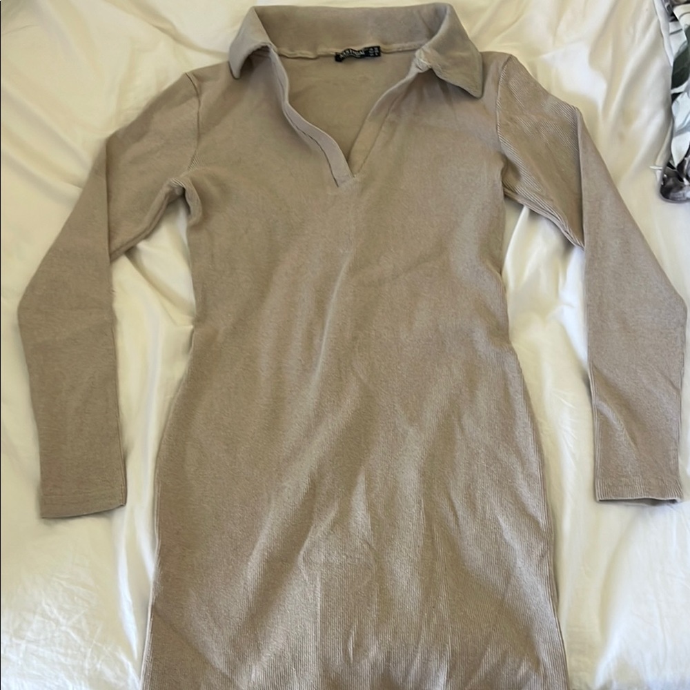 Beige Long Sleeve Collared Dress